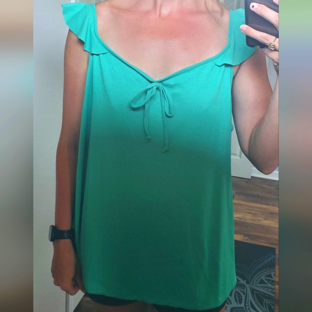 JESSICA SIMPSON MARINE GREEN RIBBED RUFFLED TANK TOP WITH BOW